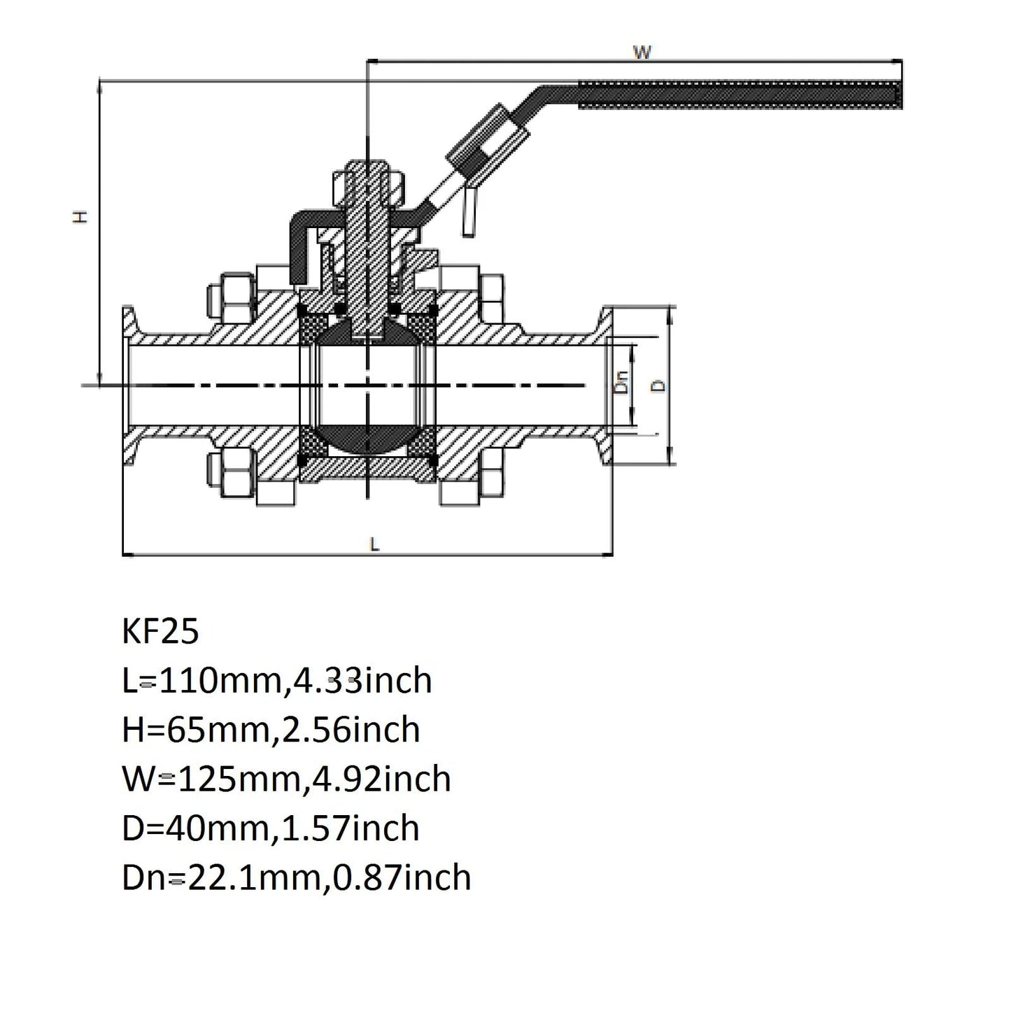 Technical drawing of a Stainless Steel 304 Vacuum Ball Valve Clamp With Locking Device KF-25 Tri Clamp, PTFE Seal, showing dimensions.