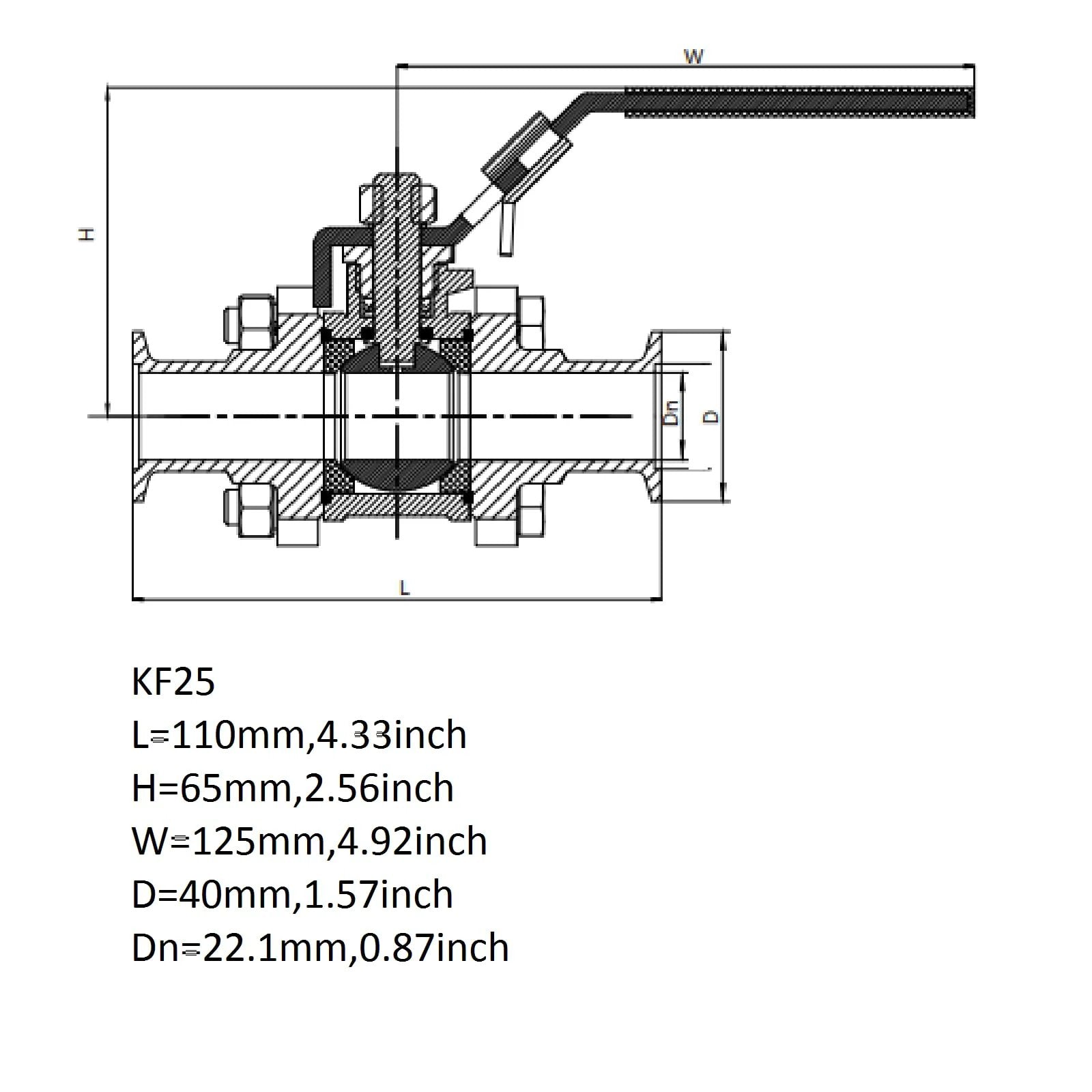 Technical drawing of a Stainless Steel 304 Vacuum Ball Valve Clamp With Locking Device KF-25 Tri Clamp, PTFE Seal, showing dimensions.