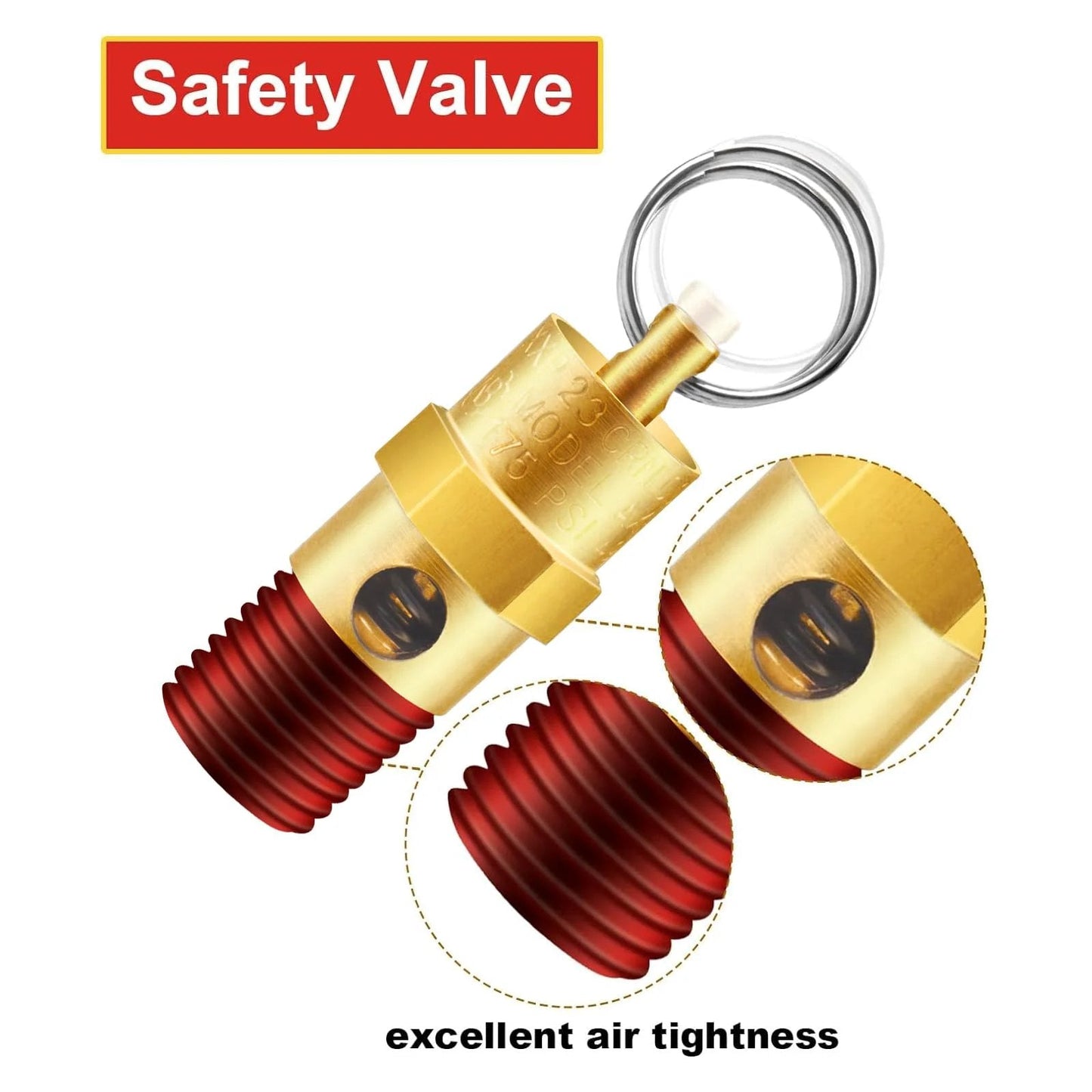 Brass One Quarter Inch NPT Pressure Relief Valve For Air Compressors, 175 PSI, Dual Pack, Safety Check Valve, rust resistant, close-up view