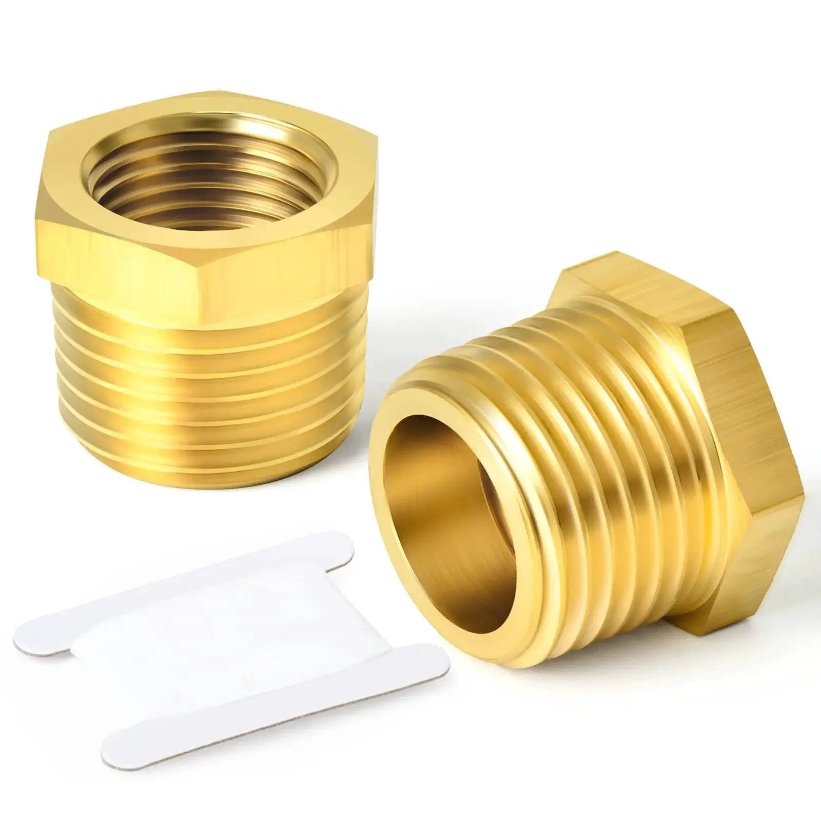 Two Brass Reducer Hex Bushing Pipe Fitting One Inch NPT Male To Three Quarter Inch NPT Female Adapter 2 Pack with tape