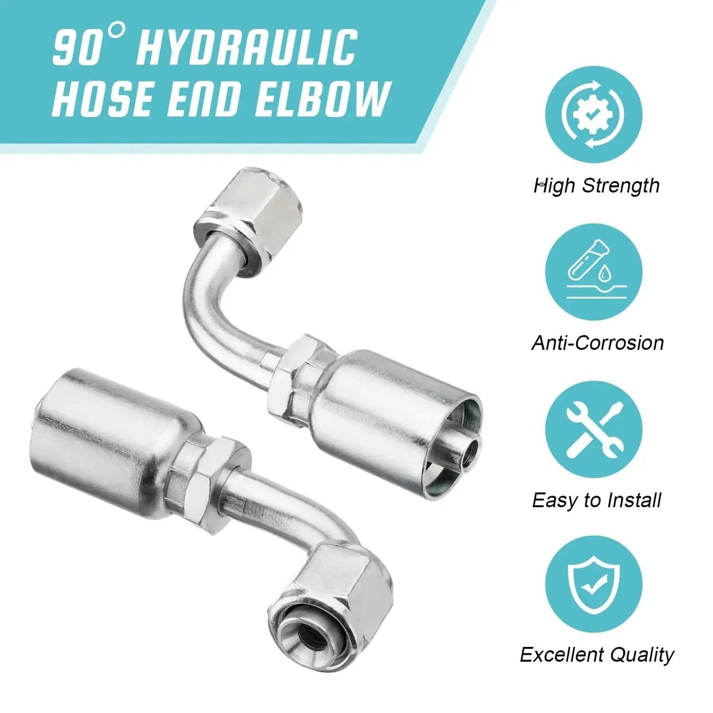 90 degree hydraulic hose end elbow displaying two fittings, emphasizing high strength and anti-corrosion features for durability.
