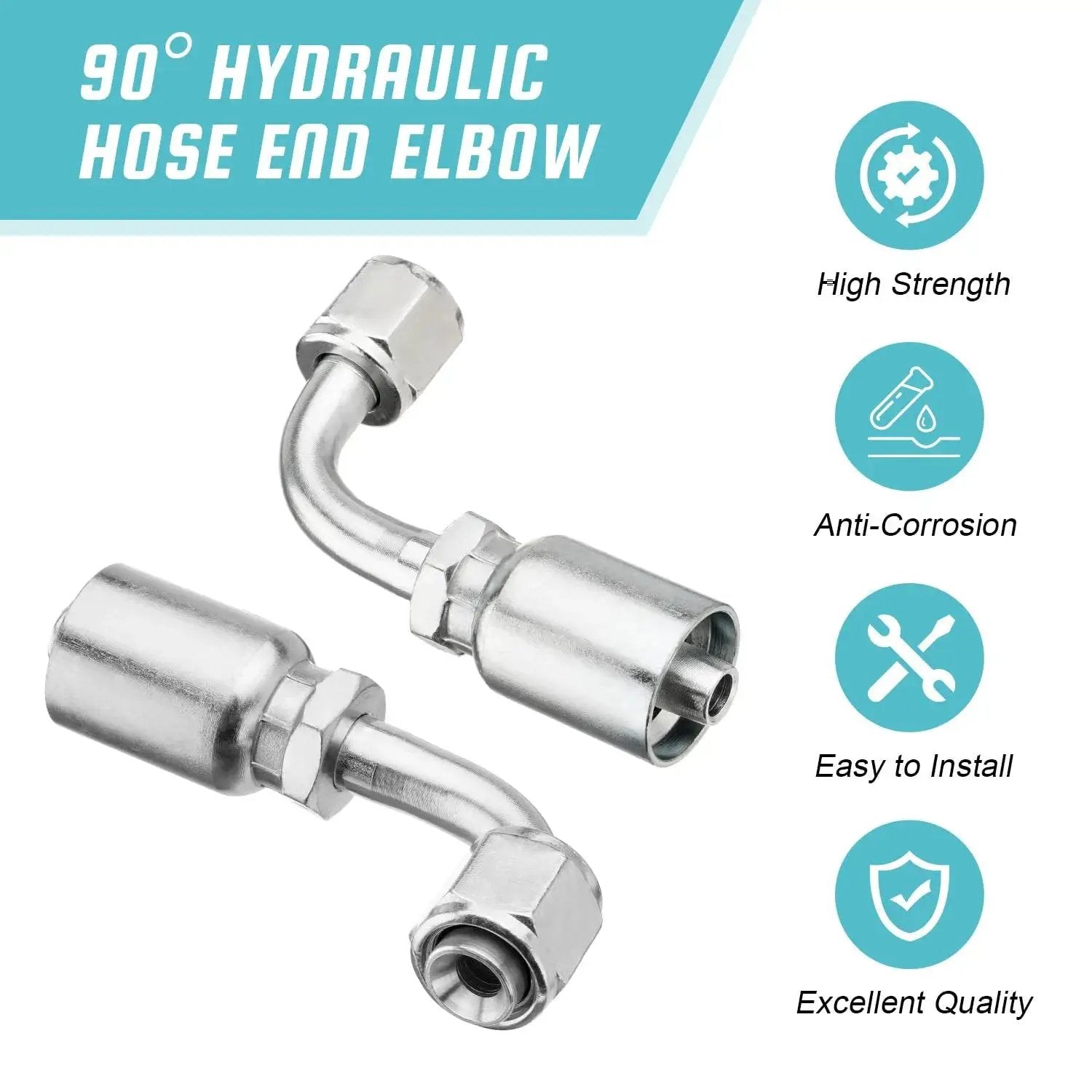 90 degree hydraulic hose end elbow displaying two fittings, emphasizing high strength and anti-corrosion features for durability.
