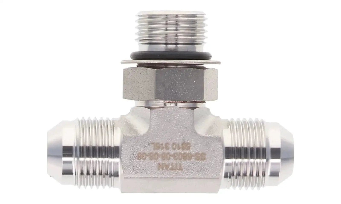 Branch Tee Hydraulic Fitting Built Tough With Two Three Eighths Inch Male JIC Nine Sixteen Eighteen Threads And One Quarter Inch ORB Seven Sixteen Twenty Thread Male Carbon Steel With Zinc Trivalent Coating For High Pressure And Wear Resistance front view