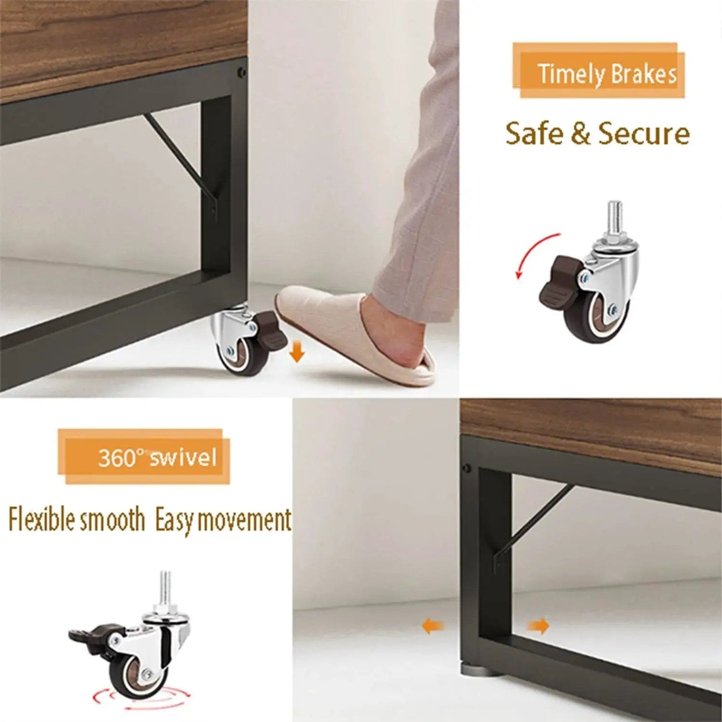 Image of stem casters with 360 degree swivel TPR wheels for carts, furniture dolly, and workbenches, shown installed with brake.