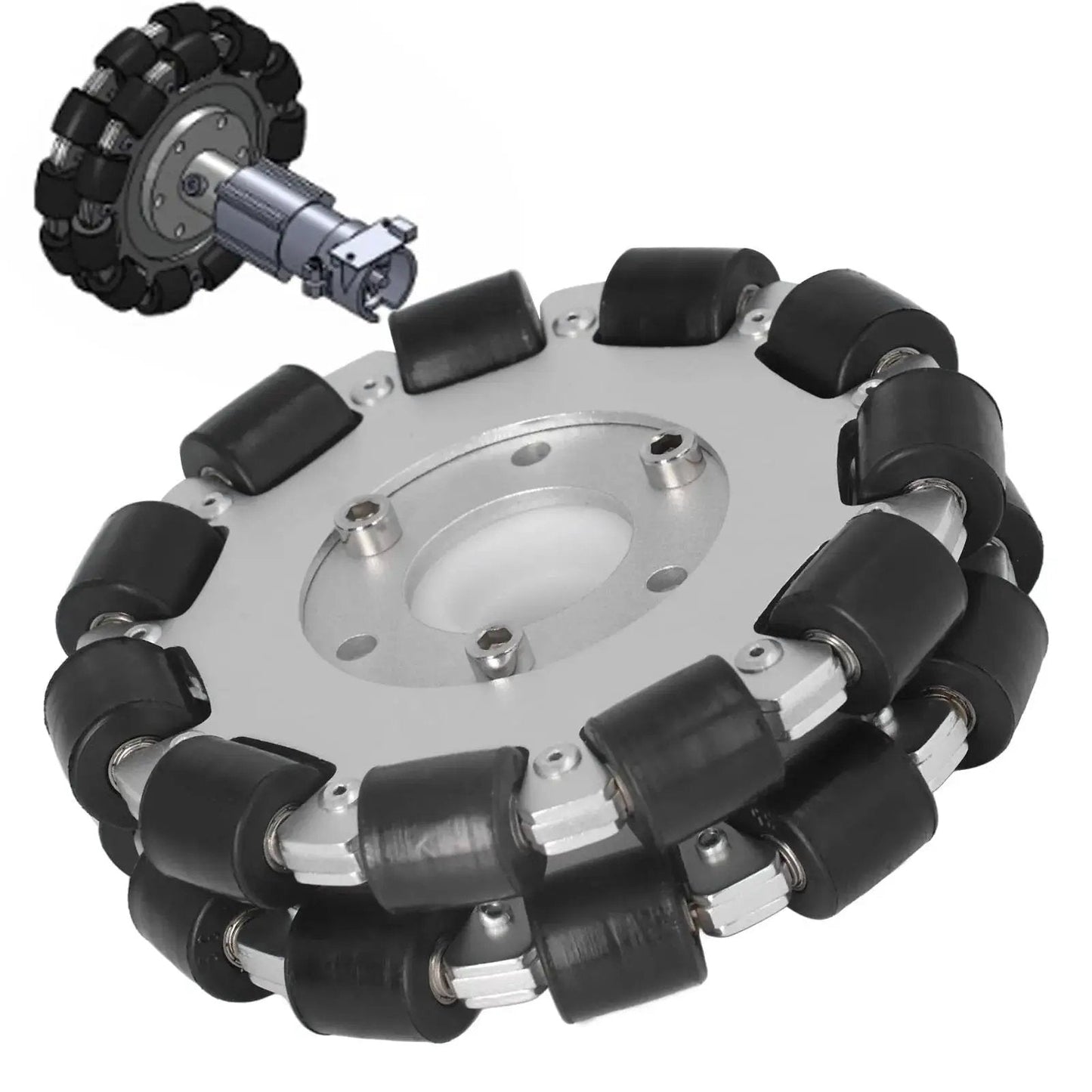 Double Aluminum Omni Wheel 127mm Premium Omni Directional Wheel With 360 Degree Rotation, 22 rubber rollers, close-up view