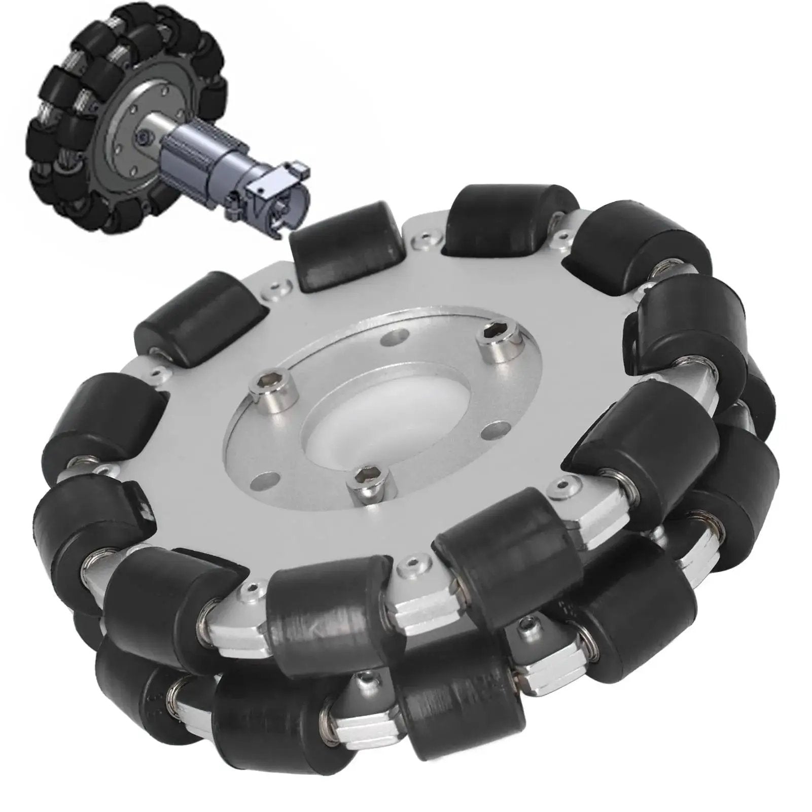 Double Aluminum Omni Wheel 127mm Premium Omni Directional Wheel With 360 Degree Rotation, 22 rubber rollers, close-up view