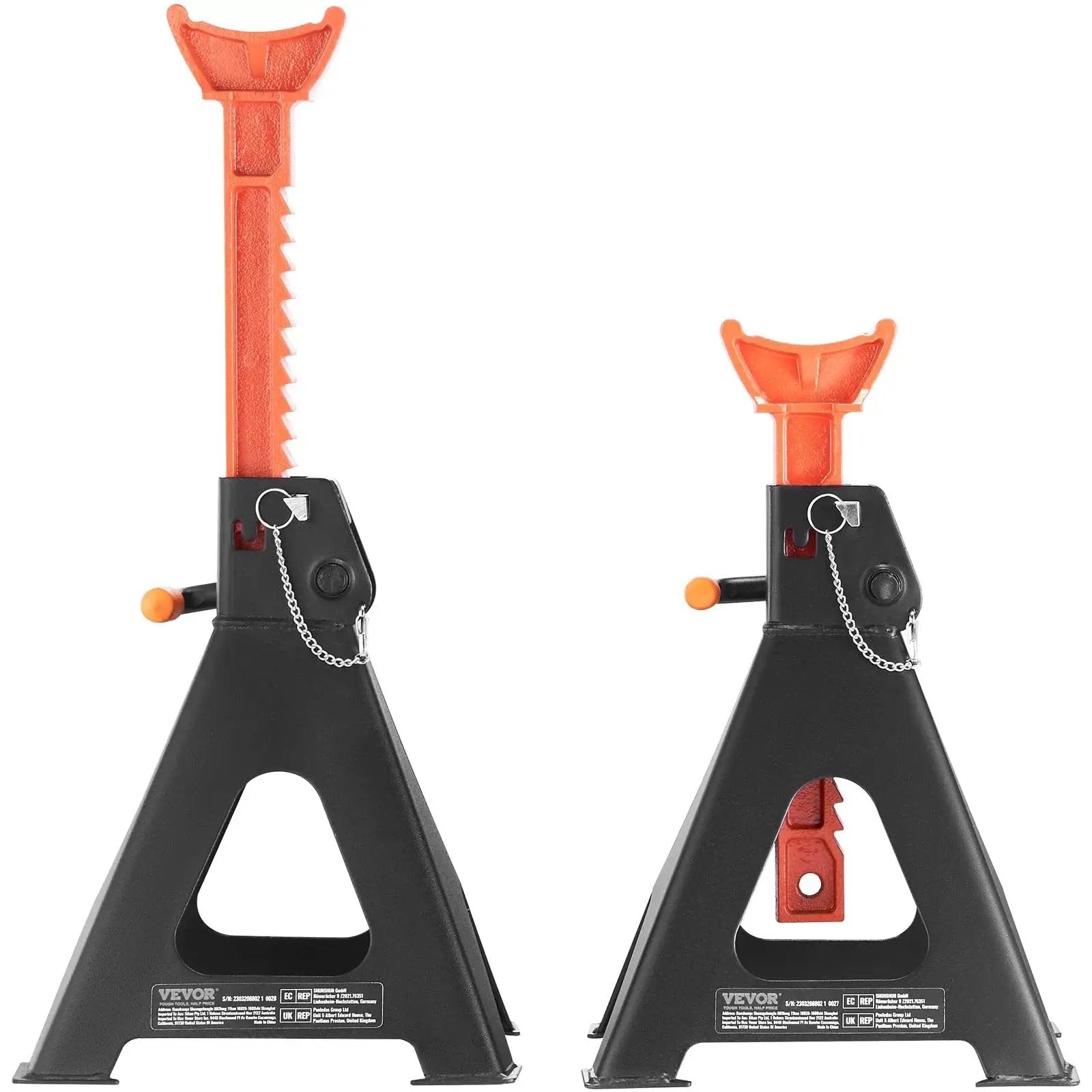 Black and orange 6 Ton Jack Stands With Double Locking Adjustable 14.2 To 23 Inches For SUV UTV, front view.