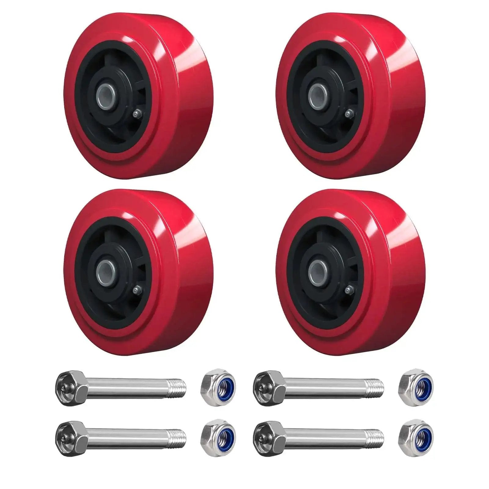 Heavy Duty Polyurethane Caster Wheel 5 Inch By 2 Inch Replacement Set Of 4 Non Marking Tread On Polyolefin Core With Roller Bearing 800 Lbs Per Wheel Industrial Rated Total Capacity 3200 Lbs shown with bolts and nuts.
