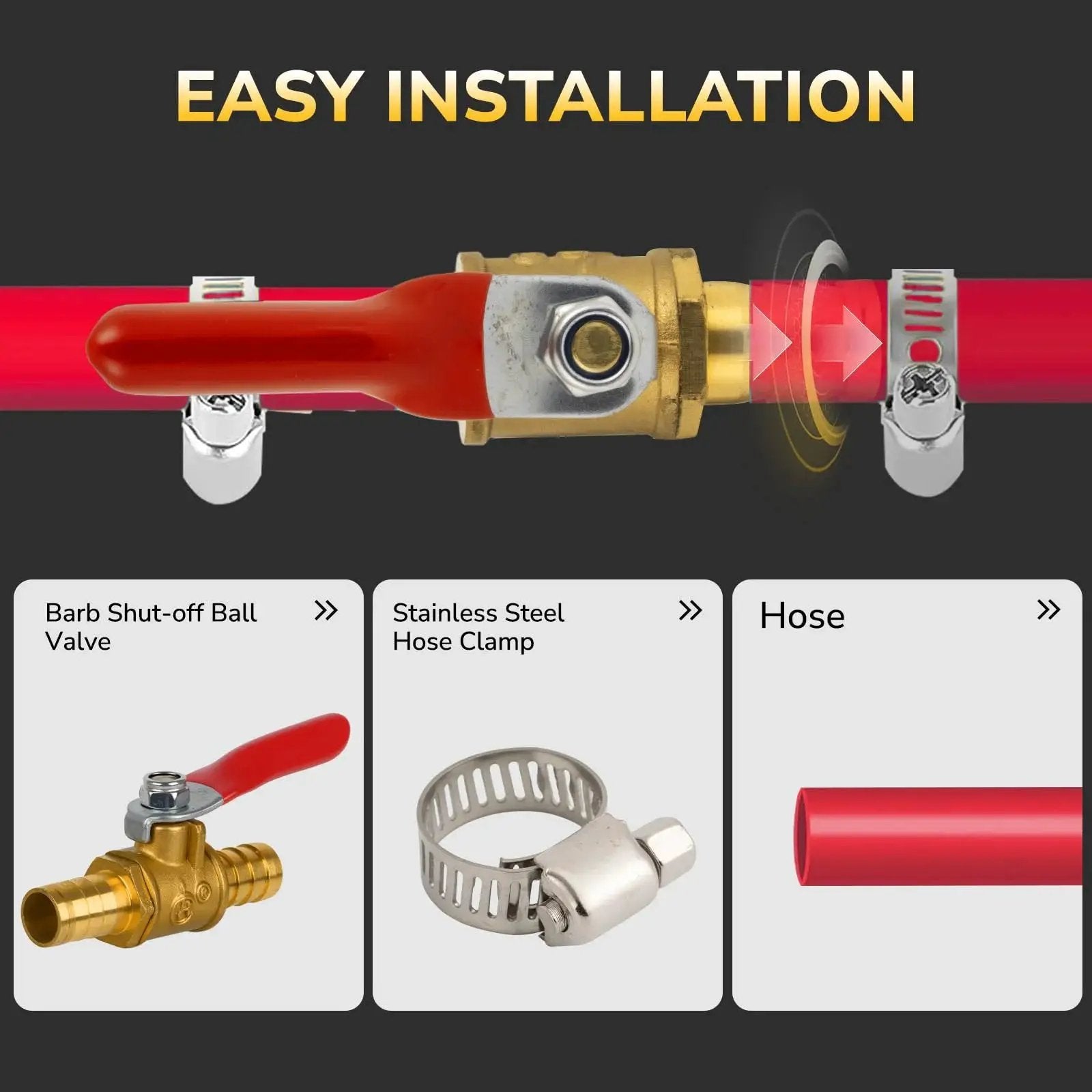 Beefy Three Eighths Inch Barb Shut Off Ball Valve For Air Water And Fuel Lines With Brass Fittings And Four Stainless Steel Clamps 2 Pack By KAINGA shown in easy installation with hose and clamps
