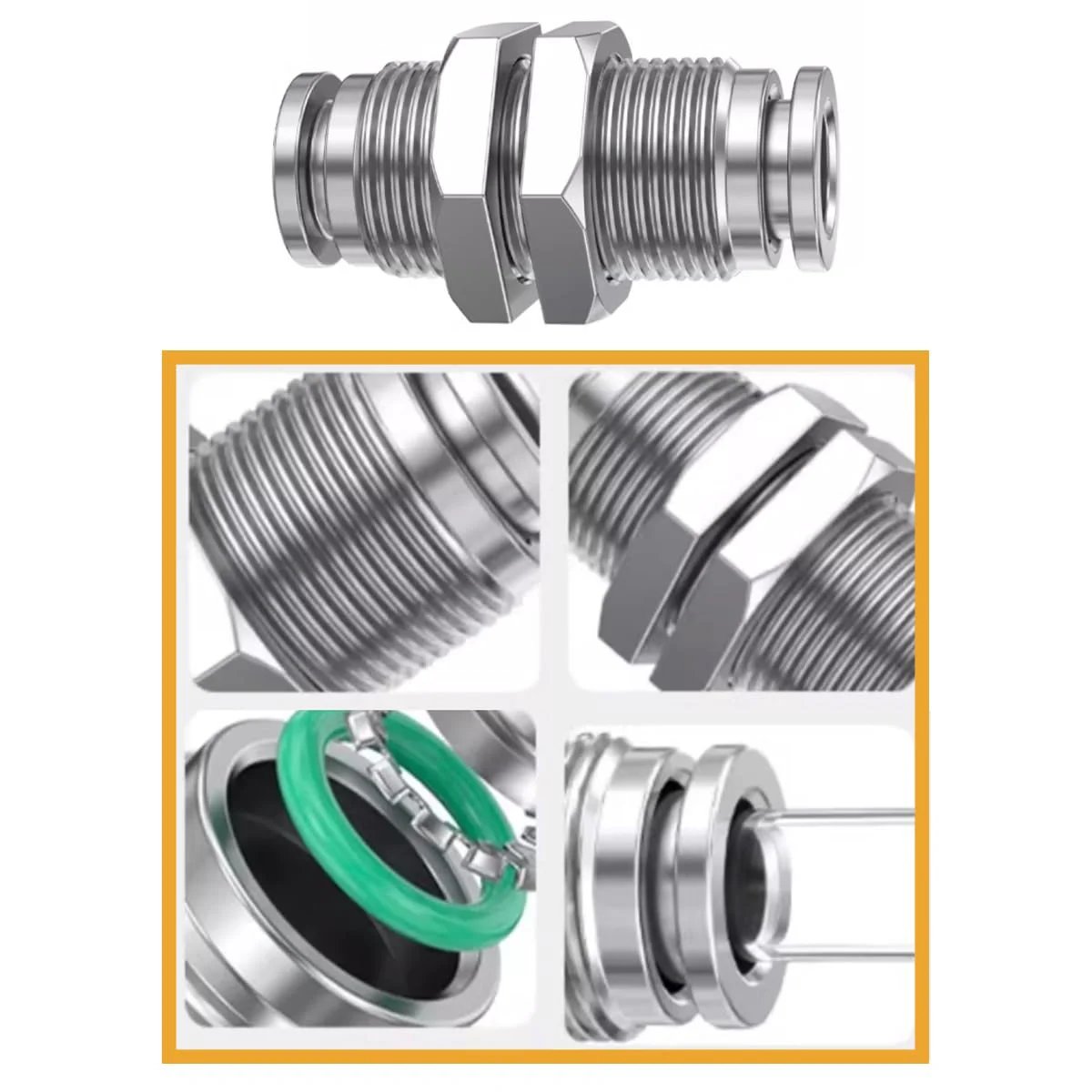 Bulkhead Union Push To Connect Pneumatic Fitting 3/8 Inch Tube OD, 304 Stainless Steel, various close-up views