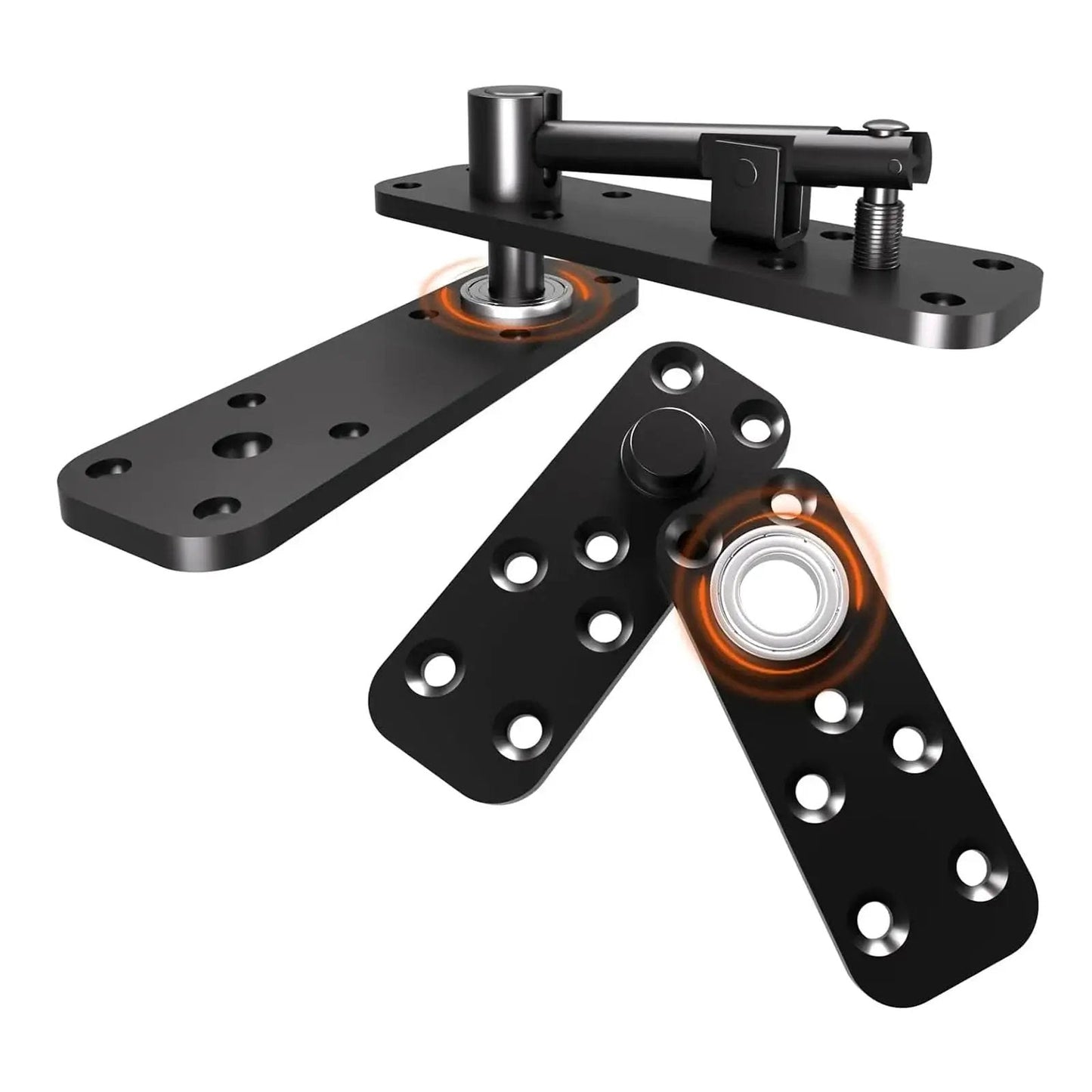 Black 360-degree quiet pin hinge set for Murphy bed and bookcase doors, high load capacity concealed door hardware with double bearings.