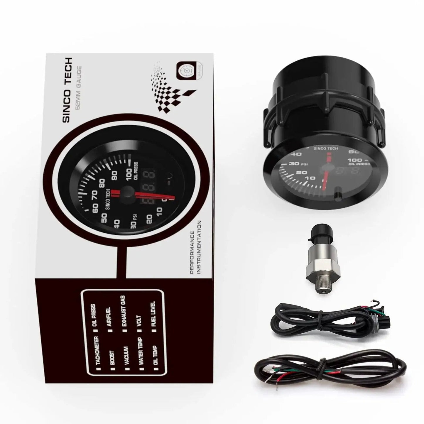 52mm Car Gauge Kit With Digital Display Pointer And 7 Color Backlight For Oil Pressure PSI, 12V Universal Gauge Kit, components shown