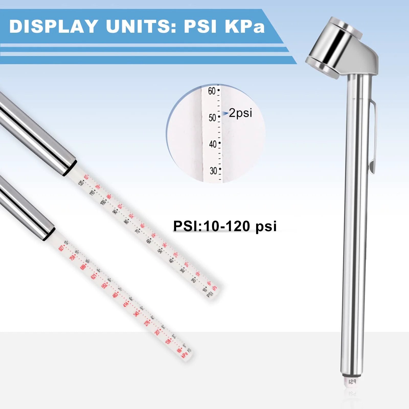 Two Pack Pencil Tire Pressure Gauge With Dual Head Metal Chuck 10 To 120 PSI Range Heavy Duty Tire Valve Gauge for Truck Car SUV RV ATV Motorcycle Zinc Alloy Construction and Precise Reading, showing close-up of gauge and metal chuck.