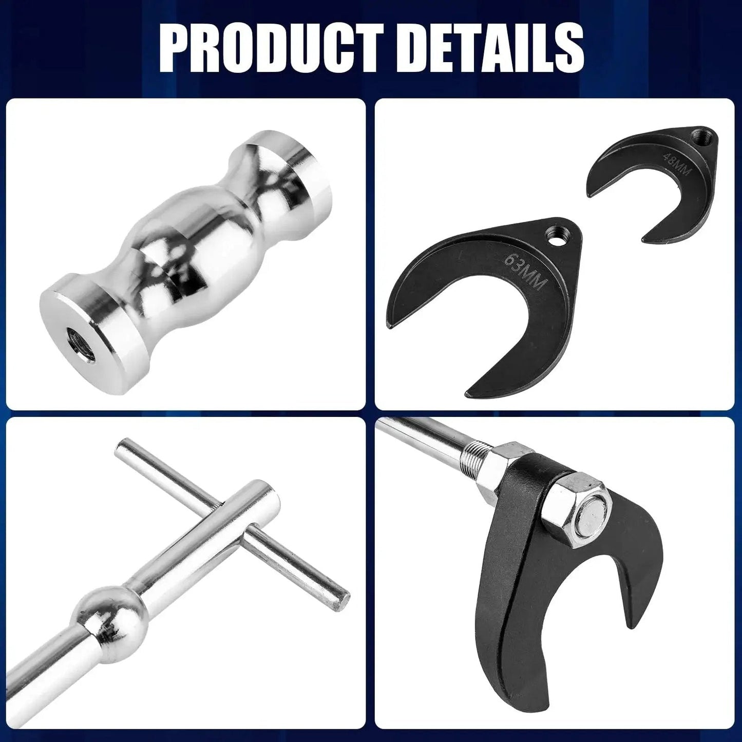 CV Axle Puller Tool With Slide Hammer for front wheel vehicles showing components including 63mm CV joint fork adapters