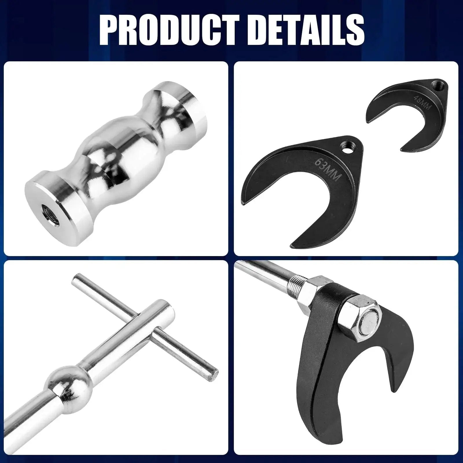 CV Axle Puller Tool With Slide Hammer for front wheel vehicles showing components including 63mm CV joint fork adapters