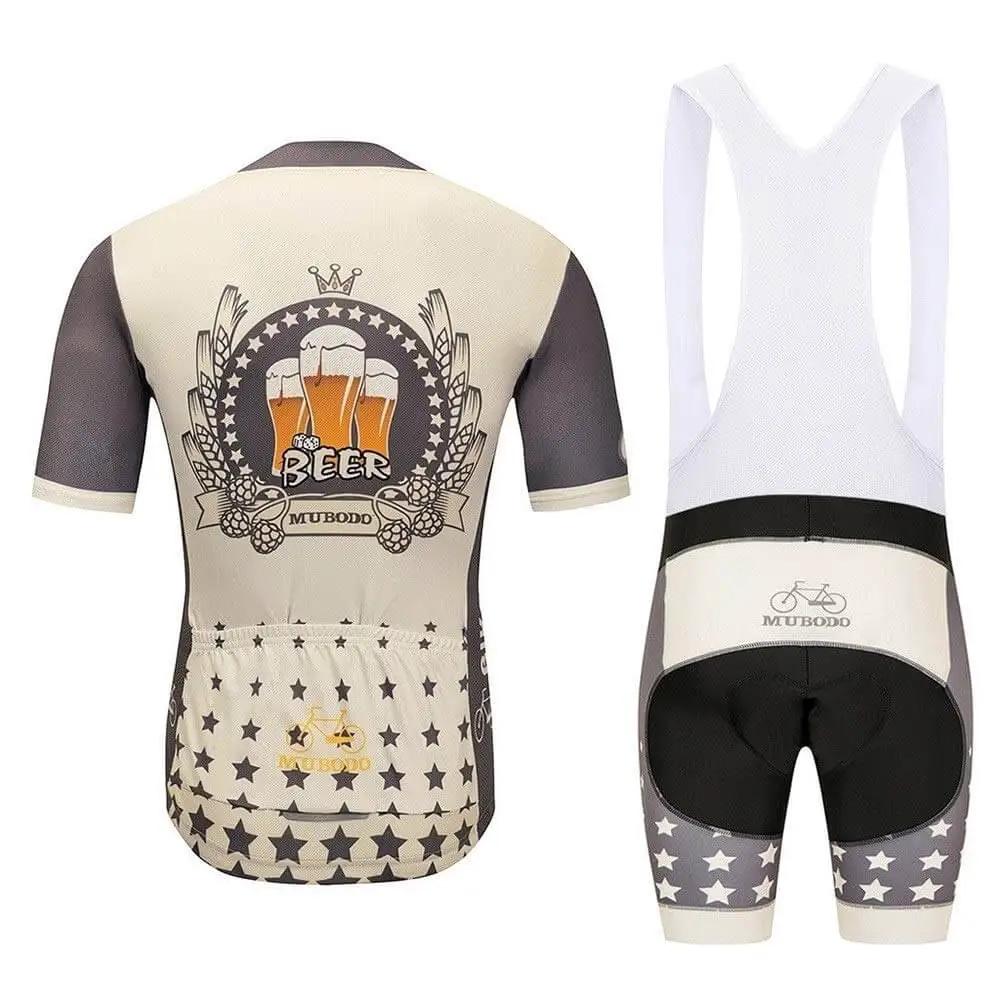 Cycling jersey and bib shorts set with star pattern and beer graphic on jersey, back view.