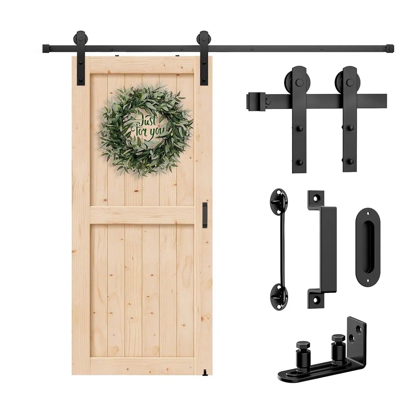 Sliding Barn Door Hardware Kit Heavy Duty For Doors One And Three Eighths To One And Three Quarters Inches Black I Shape Hangers Includes Adjustable Floor Guide Door Hook And Two Handles Smooth Quiet Operation Durable Pulley System Easy Installation components displayed