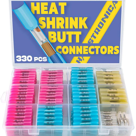 Pro Grade 330 Piece Heat Shrink Butt Connectors Kit For Marine And Automotive Wiring Waterproof Tin Copper Core Insulated Red Color Coding Includes 4 Colors And 4 Sizes For Boat Truck Stereo And Quick Electrical Joints From Haisstronica in open plastic case showing colorful connectors.