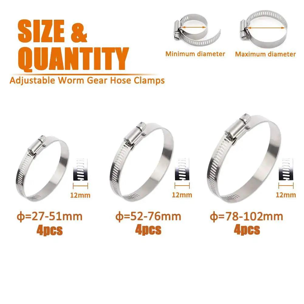 Stainless Steel Adjustable Worm Gear Hose Clamp Kit For 27 To 102mm Range, 12-Piece Silver Assortment For 2 Inch, 3 Inch, And 4 Inch Hoses, 304 Stainless Steel Construction By ISPINNER, showing clamps of 27-51mm, 52-76mm, and 78-102mm sizes.