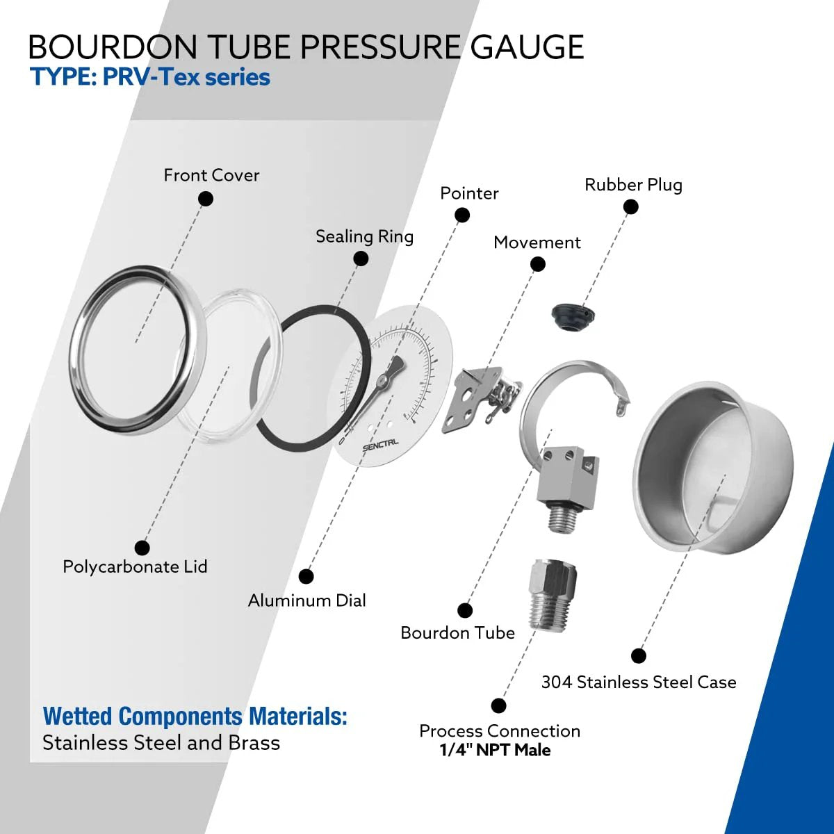Diagram of Heavy Duty 30 InHg Vacuum Pressure Gauge With Two Inch Dial And One Quarter NPT Lower Mount Built To Last in Stainless Steel