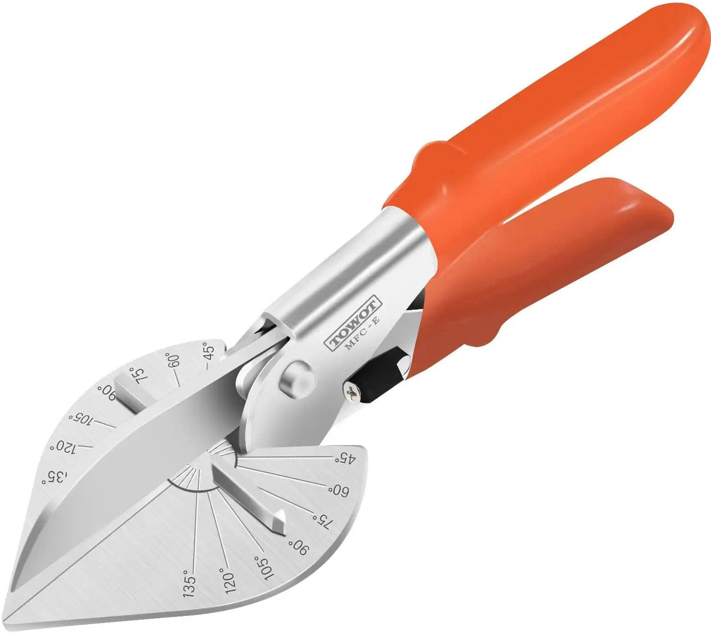 Multi Angle Miter Shear Cutter With Adjustable 45 To 135 Degrees And Safety Lock, pro grade stainless steel blades, orange handle.