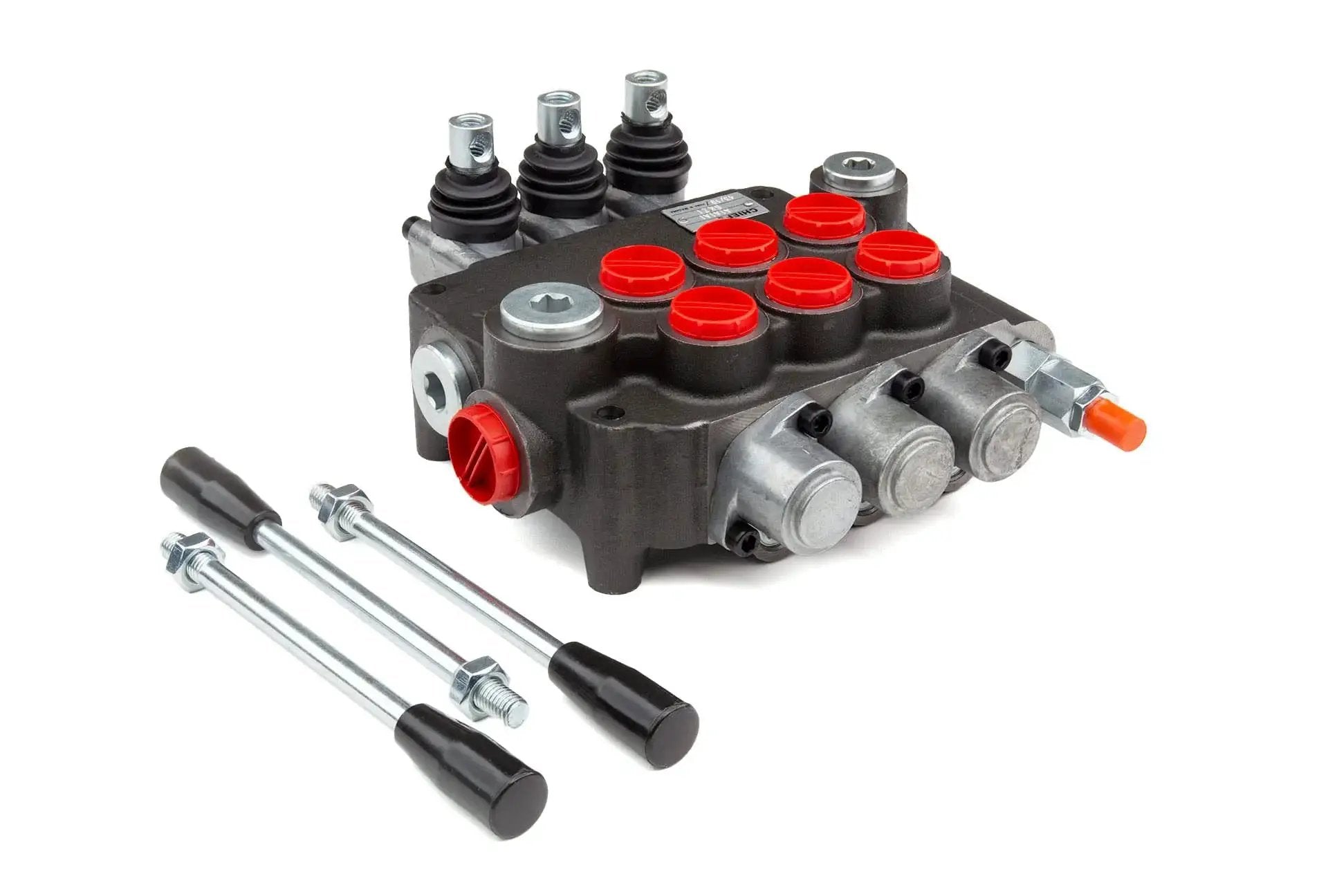 G Series P80 3 Spool Hydraulic Speed Control Directional Valve With 21 GPM 4 Way 3 Position Spring Center system shown on white background.