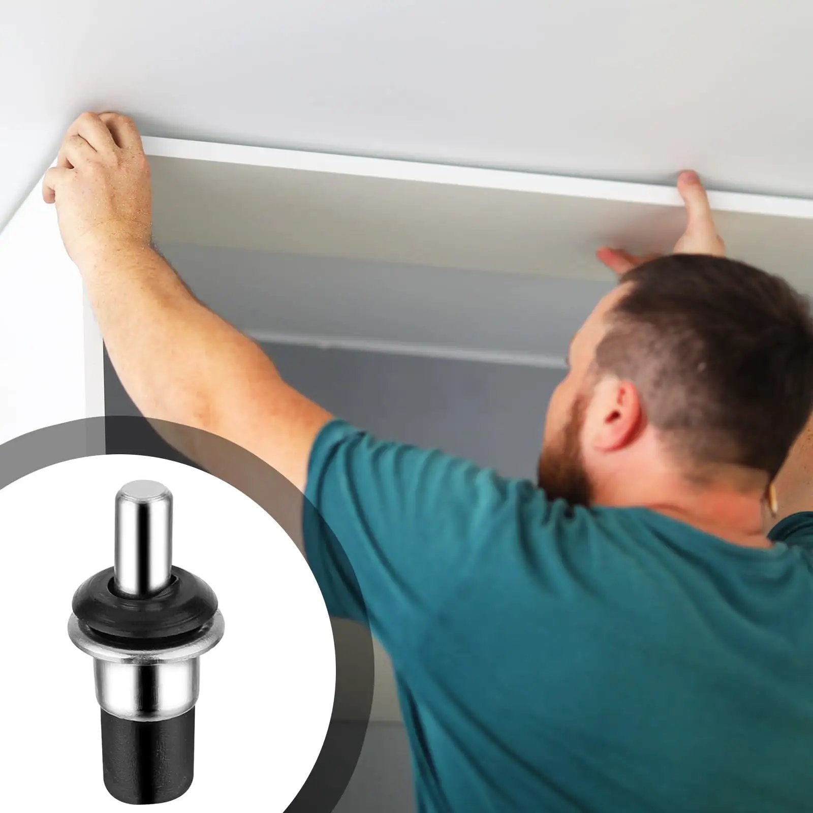 Man installing furniture with Spring Loaded Cabinet Repair Pins For DIY Home Fixes Replacement Pins For Cabinet Doors And Shelves.