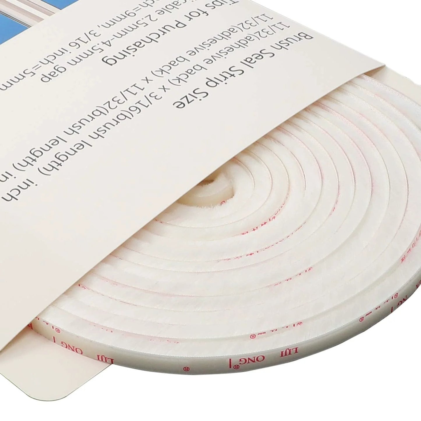 Close-up of coiled Fuzzy Brush Weatherstripping for Windows and Doors, self adhesive felt seal, white color, 16 ft long.