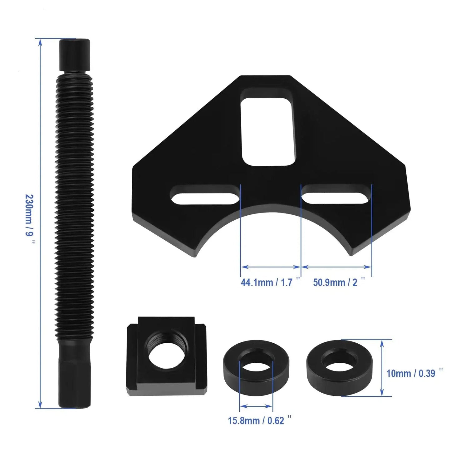 Universal Wheel Bearing Hub Removal Tool Kit components with threaded rod, steel plates, and spacers for 5 6 and 8 lug hubs.
