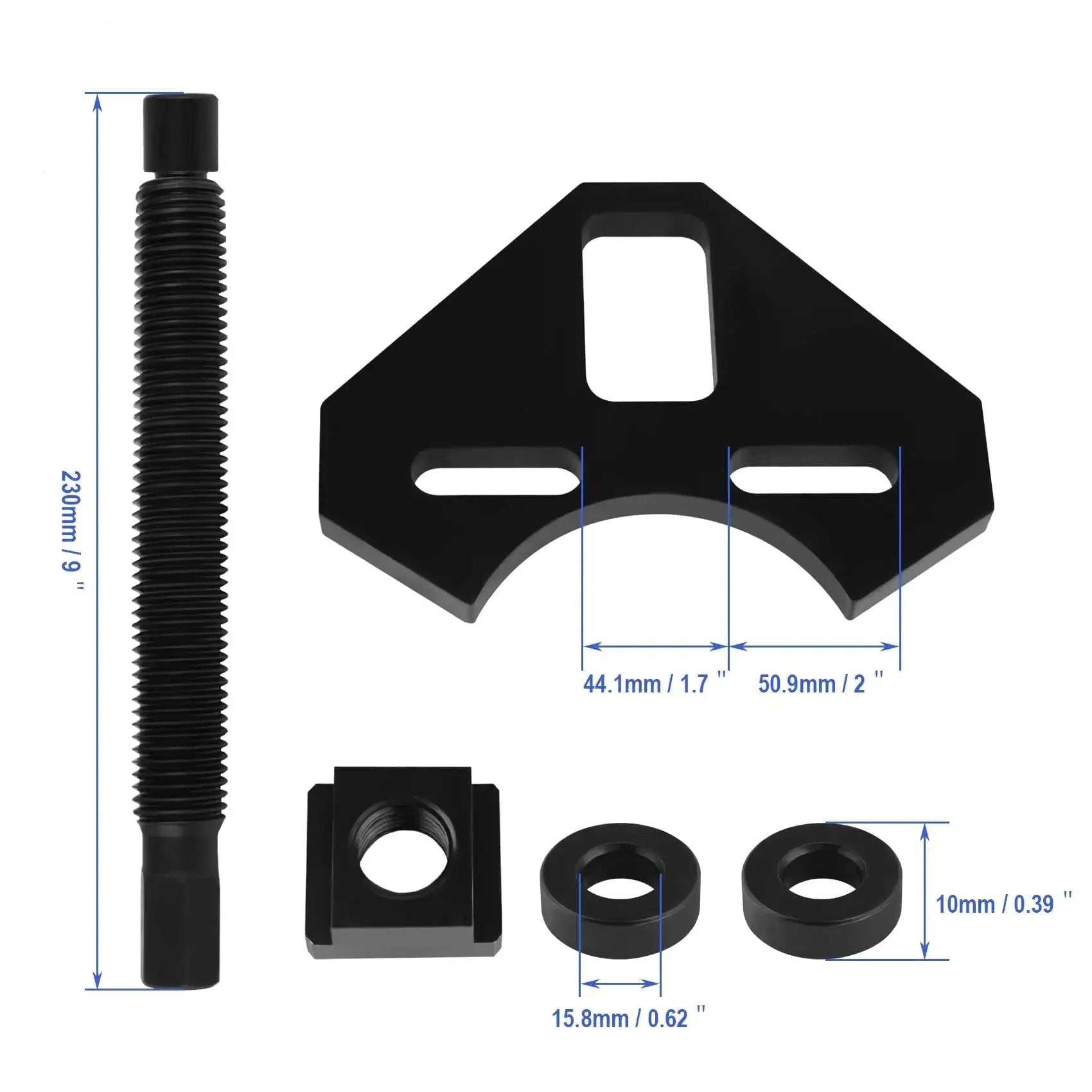 Universal Wheel Bearing Hub Removal Tool Kit components with threaded rod, steel plates, and spacers for 5 6 and 8 lug hubs.