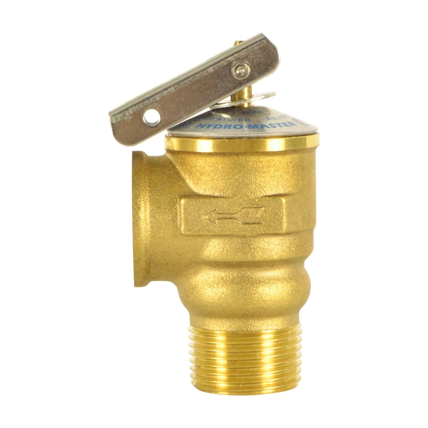 Side view of Premium Hot Water Safety Relief Valve For Home Use Three Quarters Inch NPT Thread Thirty PSI ASME Brass Body