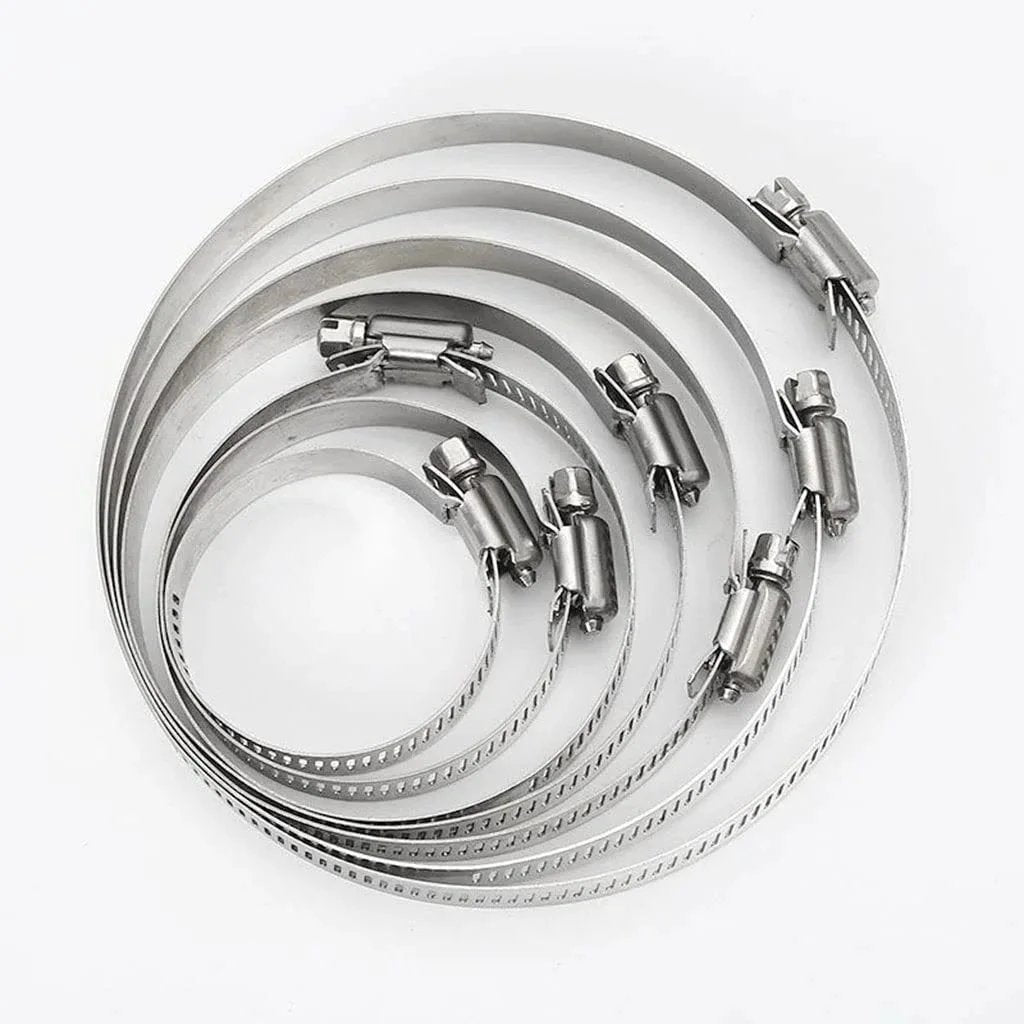 10 Pcs 304 Stainless Steel Adjustable Hose Clamps Set For Automotive And Industrial Use Durable Worm Drive Pipe Clips Salt Resistant Waterproof Oil Proof Flexible Size Range From 8mm To 152mm Ideal For Securing Hoses In Engine Bay And Radiator Lines