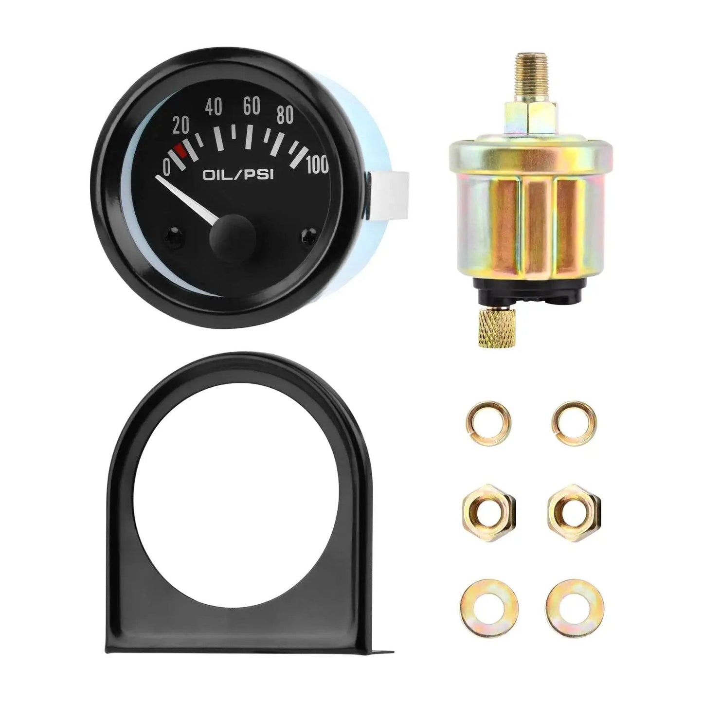 Two Inch Oil Pressure Gauge Kit 0 To 100 PSI For Universal Cars DC12V White LED Display With Sensor And Mount Frame shown with components.