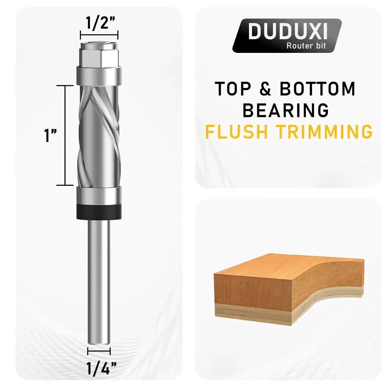 Carbide Compression Flush Trim Router Bit With One Quarter Inch Shank, Top And Bottom Bearing, Four Flutes, One Half Inch Cutting Diameter, One Inch Cutting Length, Spiral Up Down Pattern For Wood Trimming And Template Accuracy with diagram showing measurements and wood trim example.