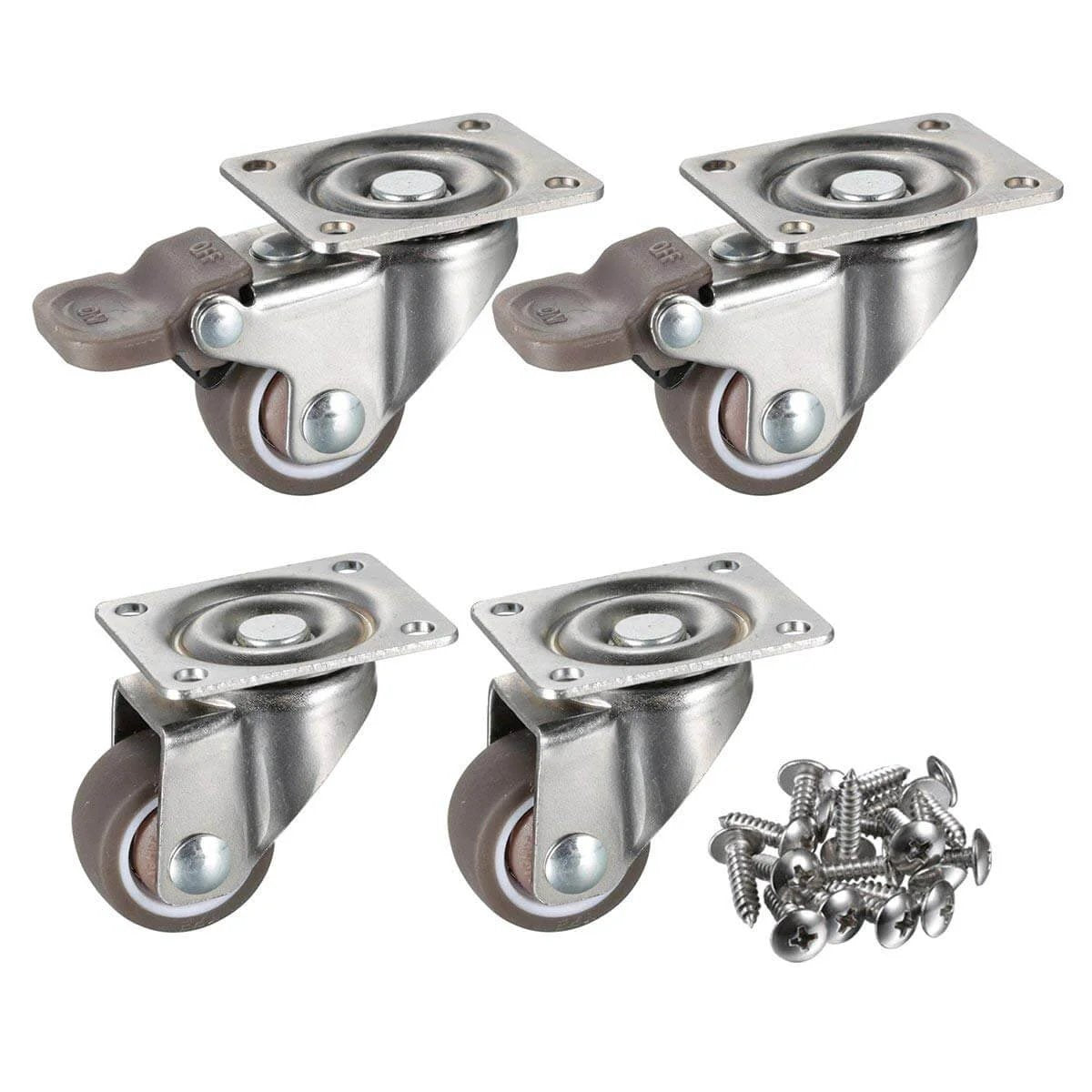 4 Pack 1" Low Profile Swivel Caster Wheels - Soft Rubber with 360° Top Plate, 100 lb Total Capacity (2 with Brakes & 2 Without)