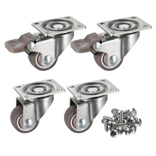 4 Pack 1" Low Profile Swivel Caster Wheels - Soft Rubber with 360° Top Plate, 100 lb Total Capacity (2 with Brakes & 2 Without)