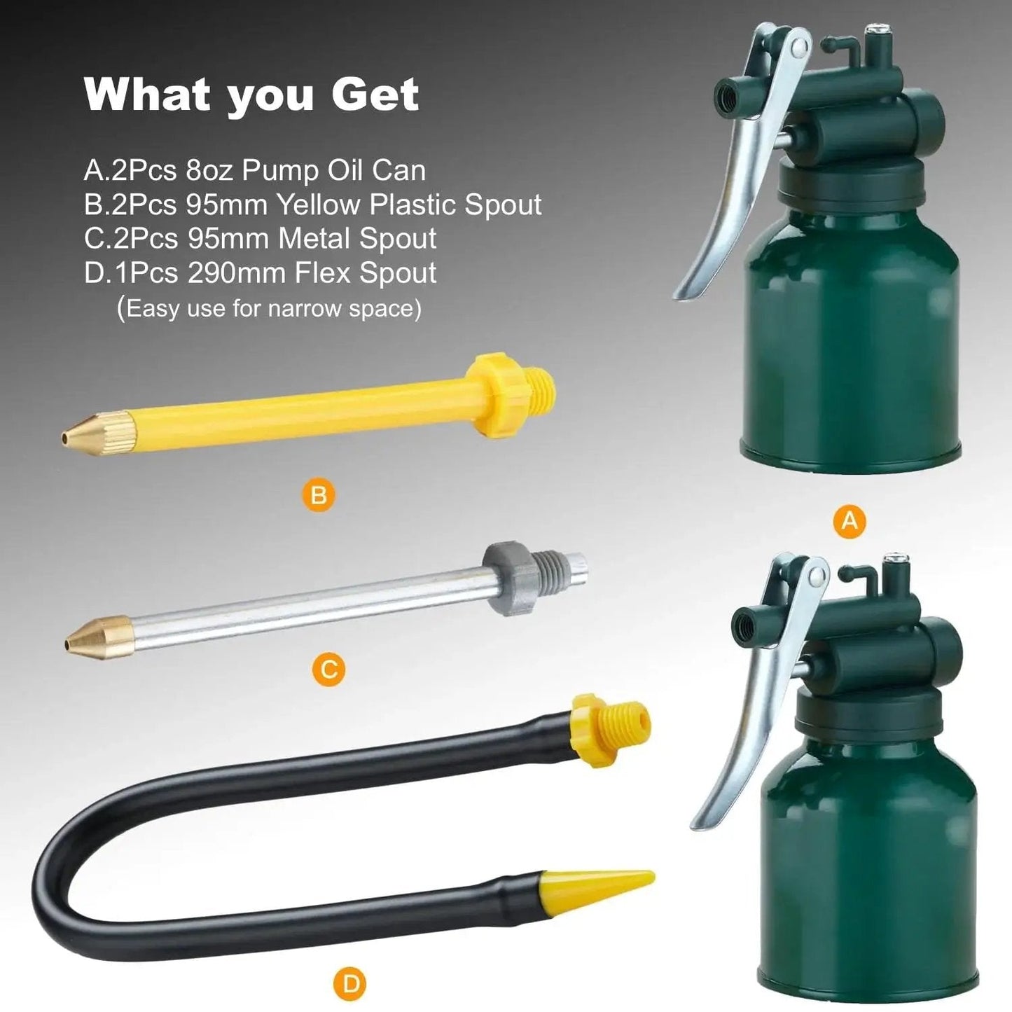 Green Metal Oil Can Set With Two Complete Sets Of Spouts For Precision Oiling Of Machinery And Automotive Parts