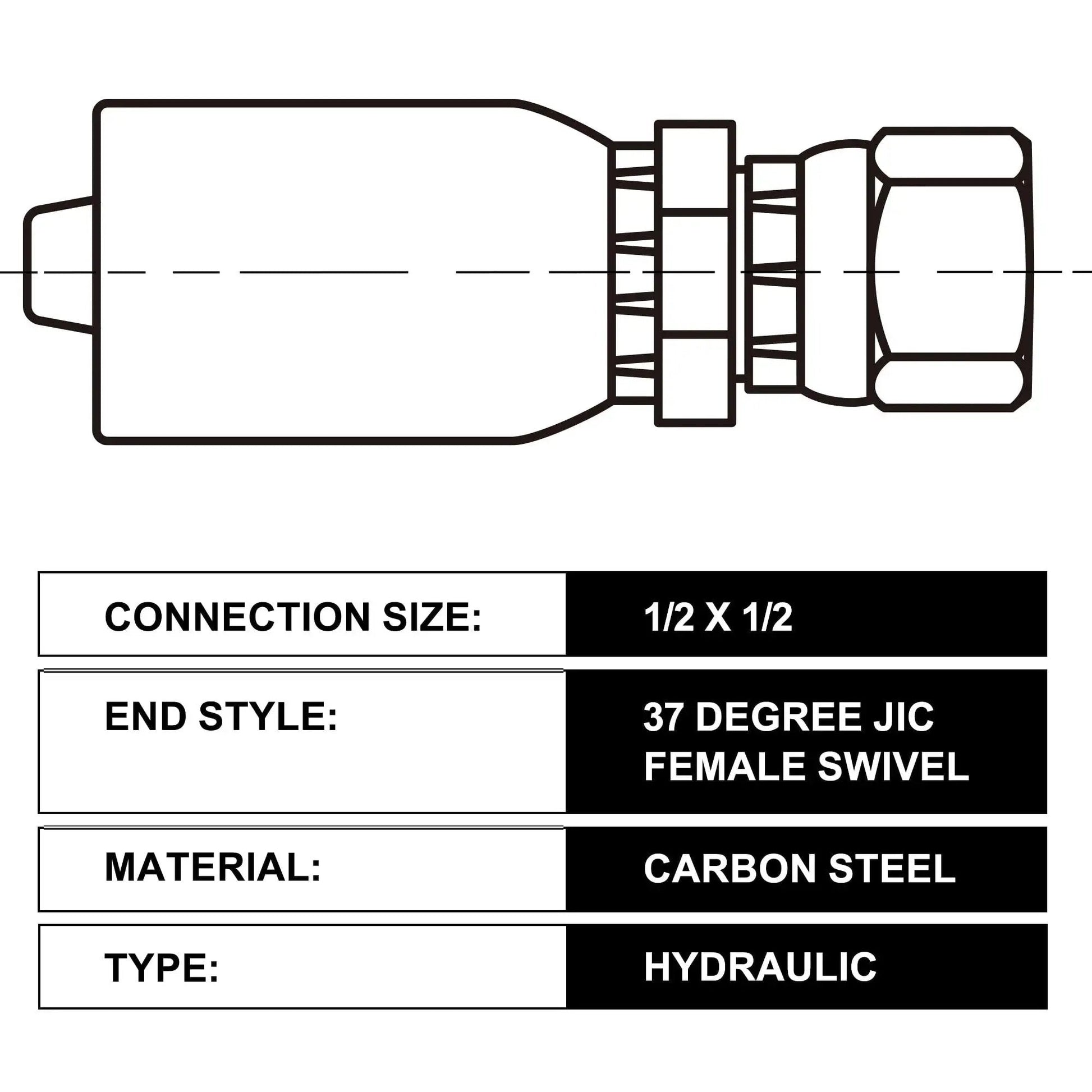 Diagram of rugged 1/2 inch hydraulic hose fittings swivel JIC 37 degree female end for single wire hose crimp, material details included