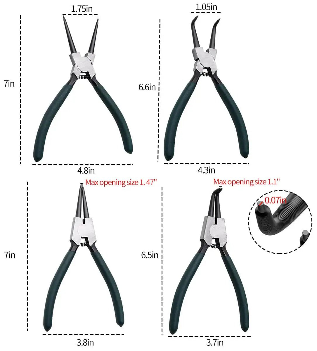 Four pliers from 500Pcs Retaining Ring Set M4 To M28 With 21 Sizes Alloy Steel Circlip Snap Ring Kit Including 4 Pliers