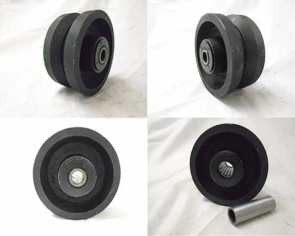Heavy Duty 4X2 Inch V Groove Iron Steel Caster Wheel Set With Seven Eighths Inch Roller Bearing 600 Lbs Capacity Each Black Finish
