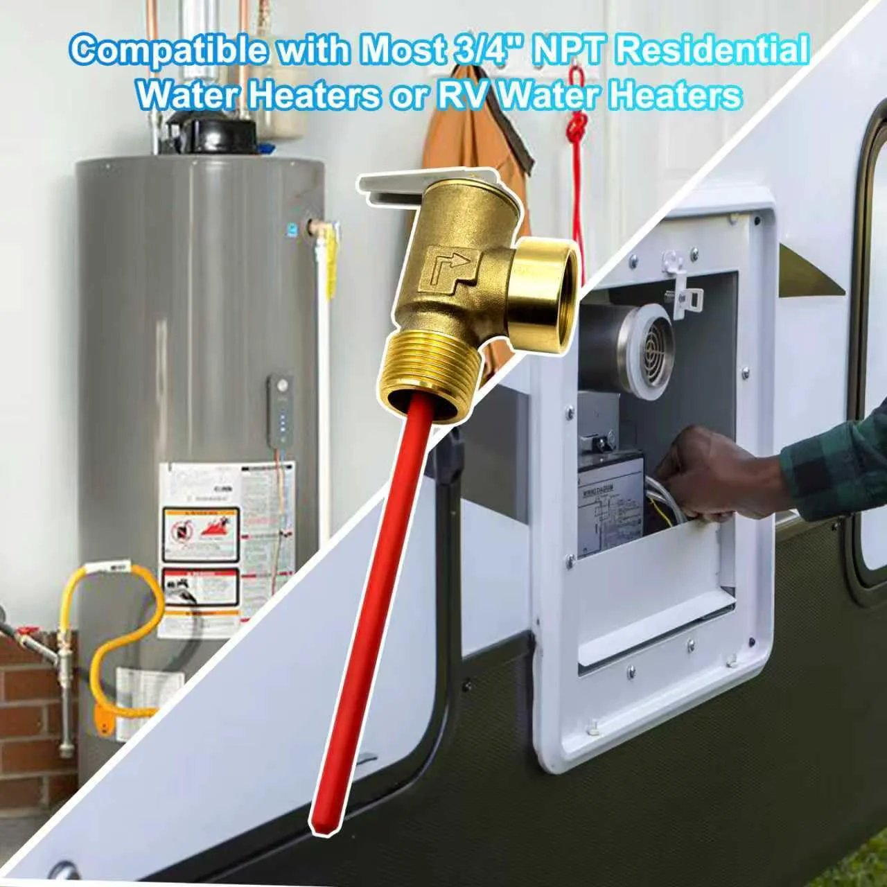 Upgraded Three Quarters Inch NPT Hot Water Heater Pressure Relief Valve With Extended Probe 150 PSI 210 F Anti Corrosion Safety Valve For Suburban Atwood RV Water Heaters Or Home Heaters installed in residential and RV water heaters.