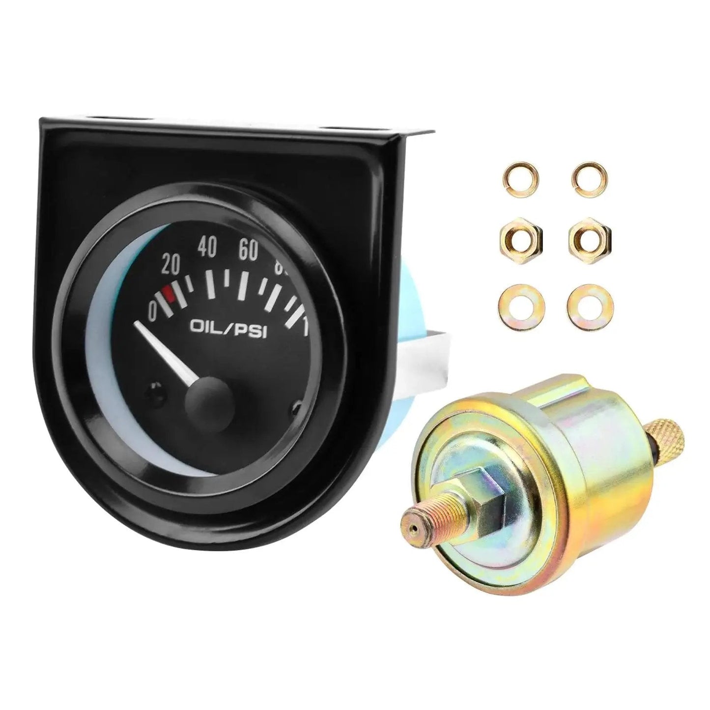 Two Inch Oil Pressure Gauge Kit 0 To 100 PSI For Universal Cars DC12V with black frame, sensor, and mounting hardware