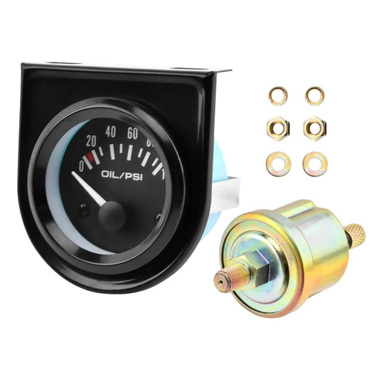 Two Inch Oil Pressure Gauge Kit 0 To 100 PSI For Universal Cars DC12V with black frame, sensor, and mounting hardware