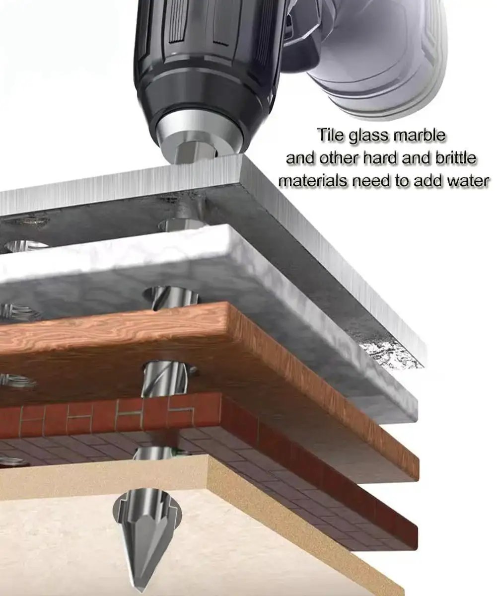 High-Strength Eccentric Twist Drill Bit Set, 8 Pack for Concrete Glass Tile Brick Stone Wood Plastic in action on various surfaces