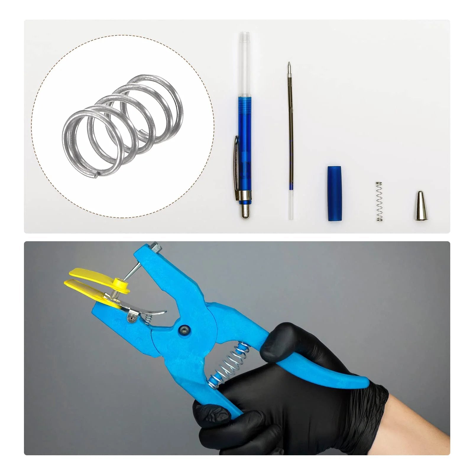 Compression Springs Set 0.3x3mm OD 5mm Free Length 304 Stainless Steel 10 Pack next to blue installation tool and pen components