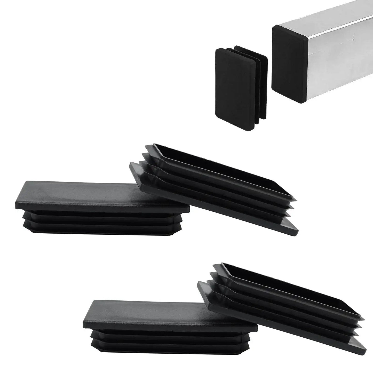 Rectangular Tubing End Caps Four Pack for 2 By 4 Inch Tubes Plastic Black End Plugs for 3 to 5 mm Wall Thickness shown stacked and installed