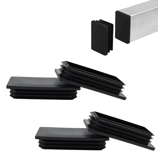 Rectangular Tubing End Caps Four Pack for 2 By 4 Inch Tubes Plastic Black End Plugs for 3 to 5 mm Wall Thickness shown stacked and installed