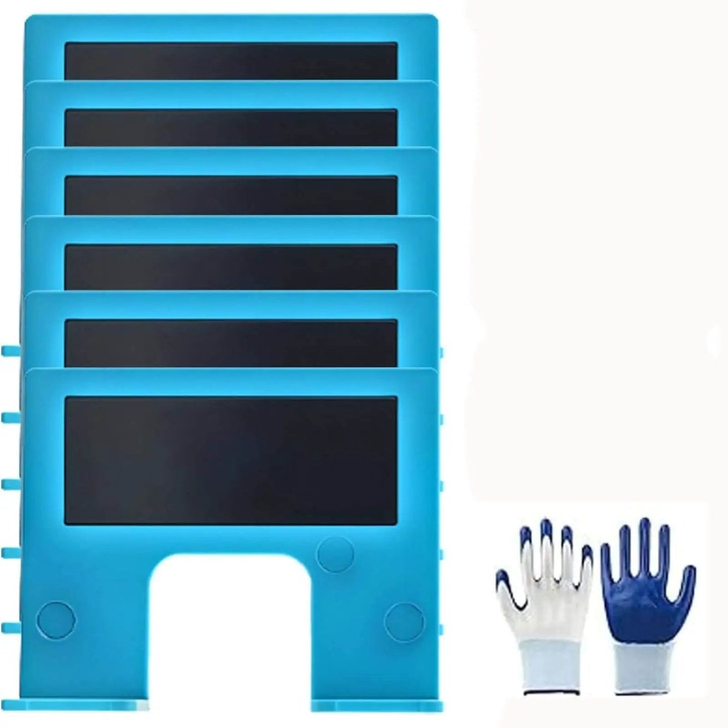 Effortless Magnetic Door Hinge Mate Kit For Quick Tool Free Installations With Magnetic Hinge Jig For Precise Door Jamb Alignment No Drill Latch Fitting Includes Six Pack, shown with blue and white tool gloves.