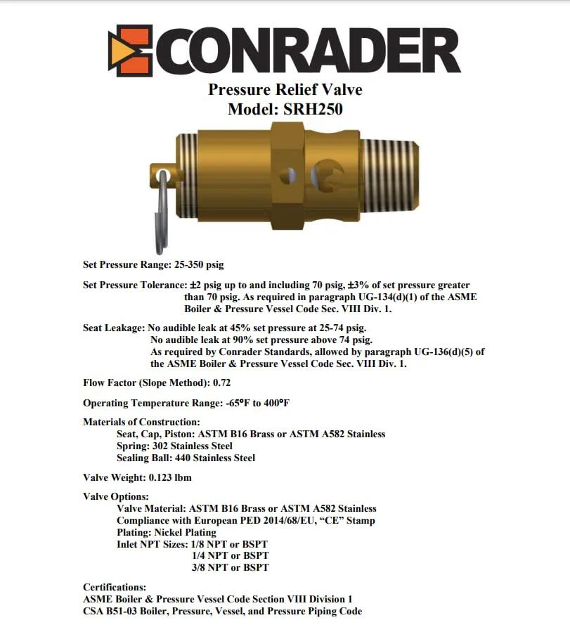 Brass One Eighth Inch NPT Industrial Hard Seat Safety Pressure Relief Valve, 150 PSI Preset, 129 SCFM Flow, detailed specs.