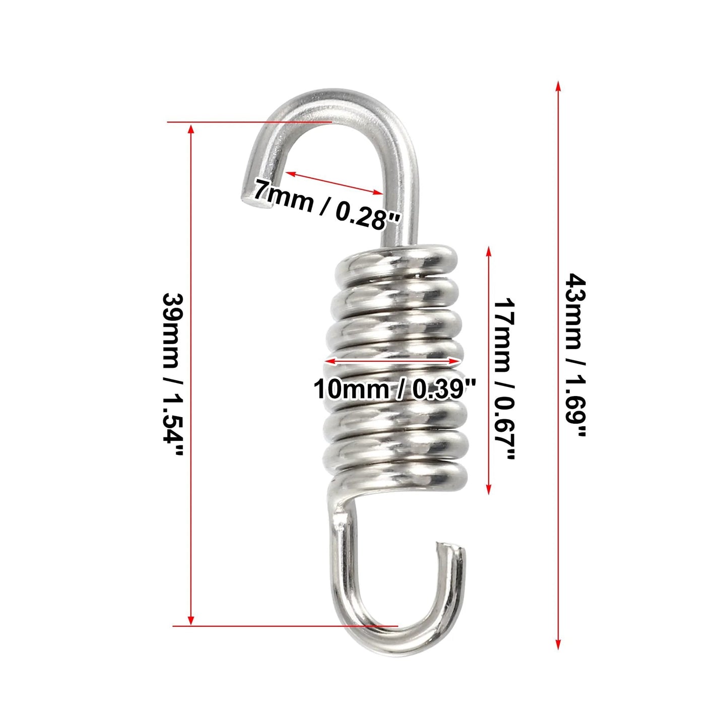 Two Pack Universal Motorcycle Exhaust Pipe Spring Set 43mm 1.69 Inch Stainless Steel Swivel Hook Design for Most Motorcycles Scooters ATVs Easy to Install and Durable Modified Accessory, close-up view with measurements.
